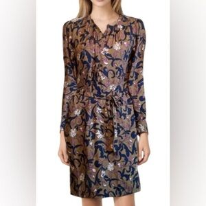 Loft Split V Neck Olive Green Navy Blue Purple Floral Shirt Dress Size M
